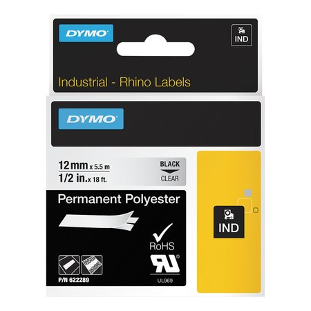 DYMO Rhino Permanent Vinyl Industrial Label Tape, 0.5" x 18 ft, Clear/Black Print 622289